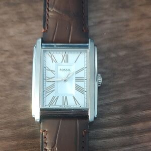 Fossil Silver Case Watch with Brown Leather Strap